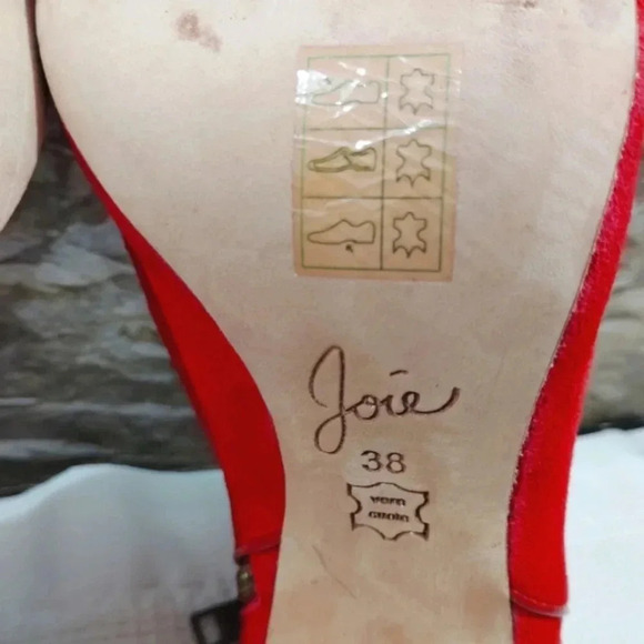 Joie Gwen Booties Chili Red Suede Full Leather Peekaboo Heels US 7 EU 38 Peeptoe - Picture 13 of 14